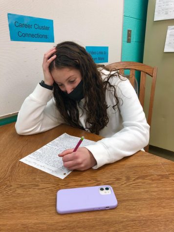 Ansley Endres (12) completes her AP Statistics homework. Like many seniors, she is experiencing the effects of senioritis.
