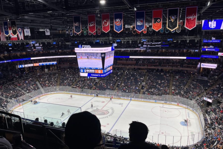 The+Odyssey+Staff+watches+the+first+period+of+the+Columbus+Blue+Jackets+game+on+January+19+from+Section+201.+The+game+has+just+begun+and+currently+tied+0-0.