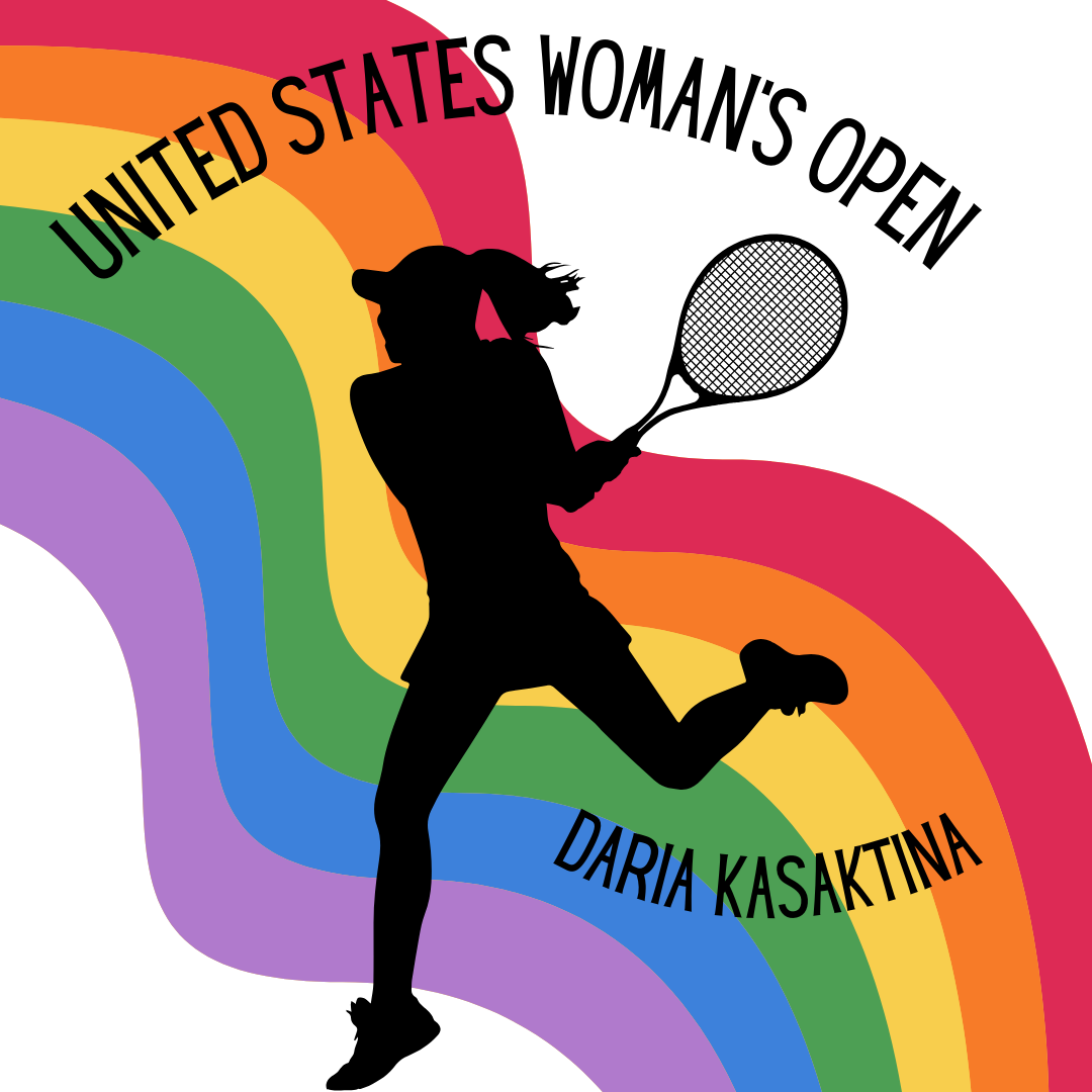 A Graphic representing Daria Kasaktina playing in the United States Tennis Open. Kasatkina made LGBTQ+ History with her match against Greet Minnem. Made on Canva.  