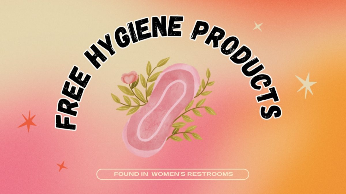 This colorful graphic announces the free hygiene machines in North’s womens bathrooms. Made with Canva.
