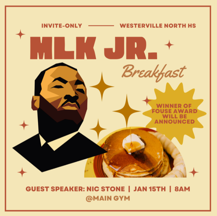A graphic showcasing the MLK breakfast event. Made with Canva.
