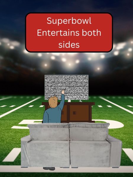 A graphic made in Canva depicting a person watch the Superbowl on the field. 