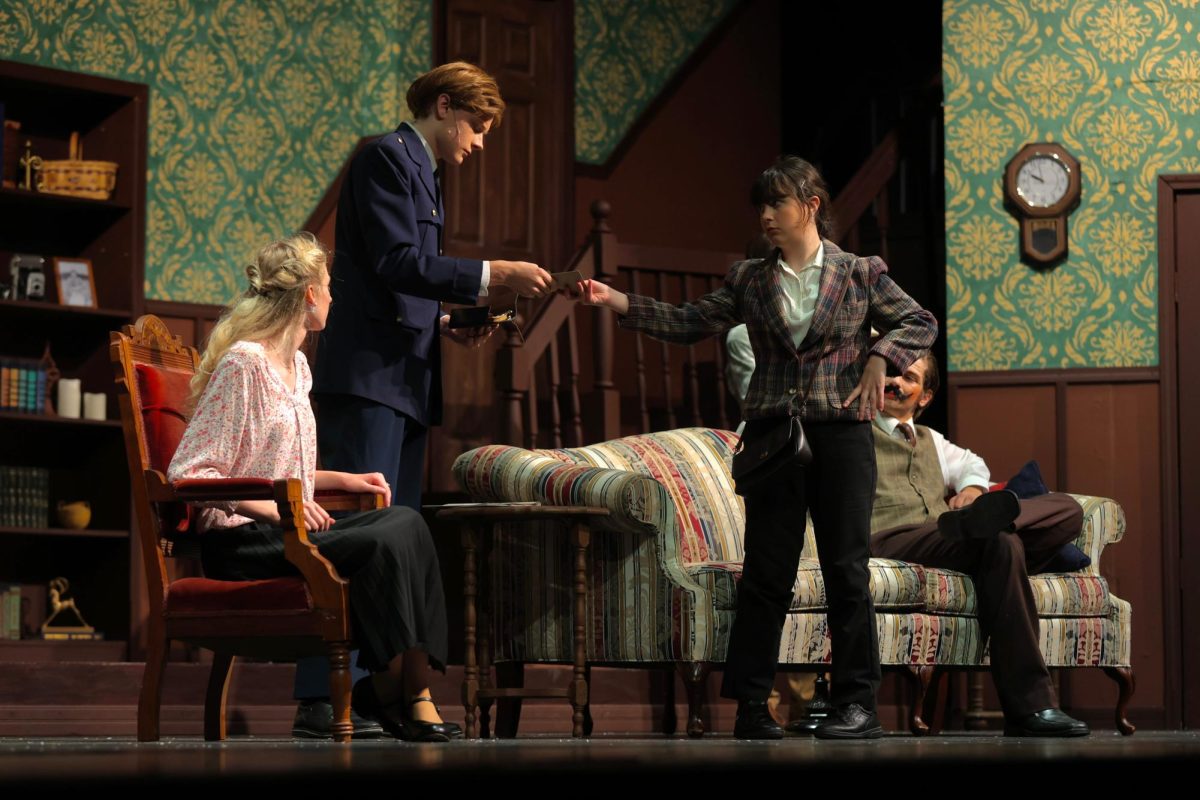 Elise Nelson (Mollie Ralston), Henry McClure (Sargent Trotter), Kaelin Wheatley (Ms. Boyle) and Keller Hyde (Mr. Paravicini) during a scene of the show.