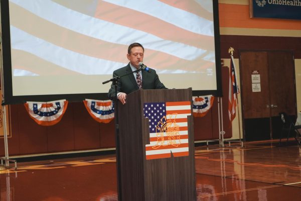 Principal Kurt Yancey gives his opening remarks at the 2024 Veterans Day Assembly.